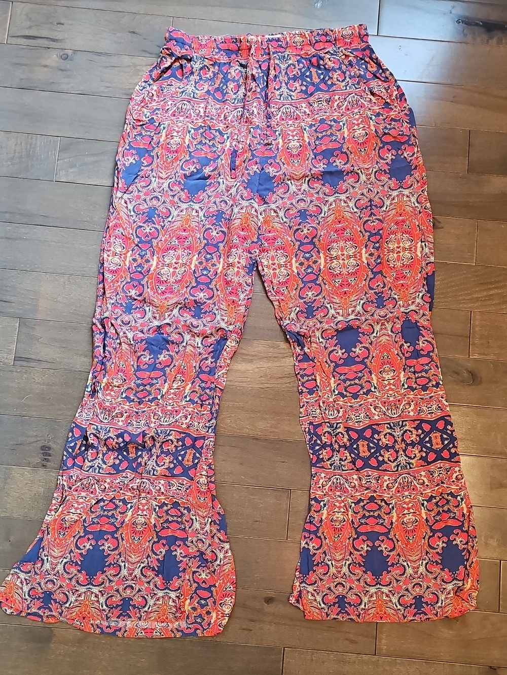 Artisan De Luxe Boho Wide Leg Printed Pants, Navy & Coral Print, Medium